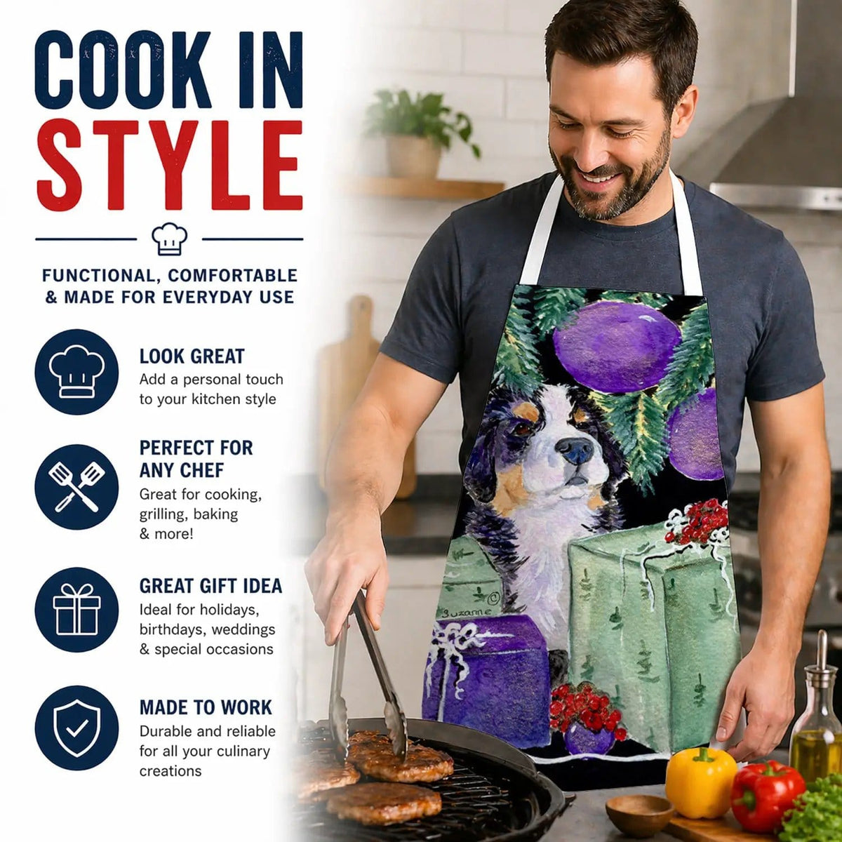 Kitchen Apron | Bib Style Unisex | 27"W x 30"H | Bernese Mountain Dog (Style 4)