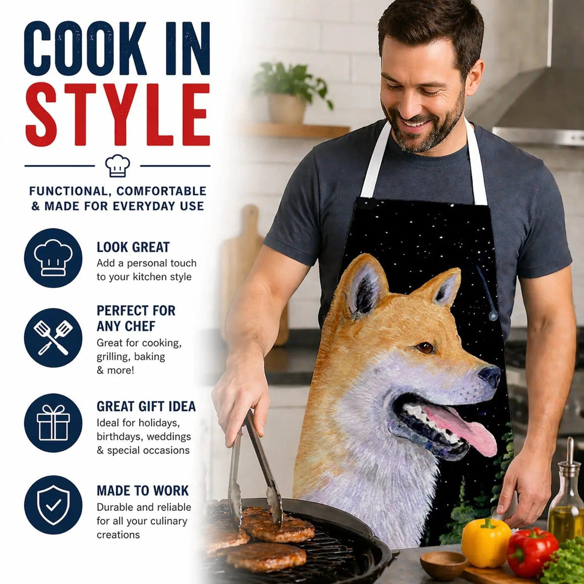 Kitchen Apron | Bib Style Unisex | 27"W x 30"H | Shiba Inu (Style 2)