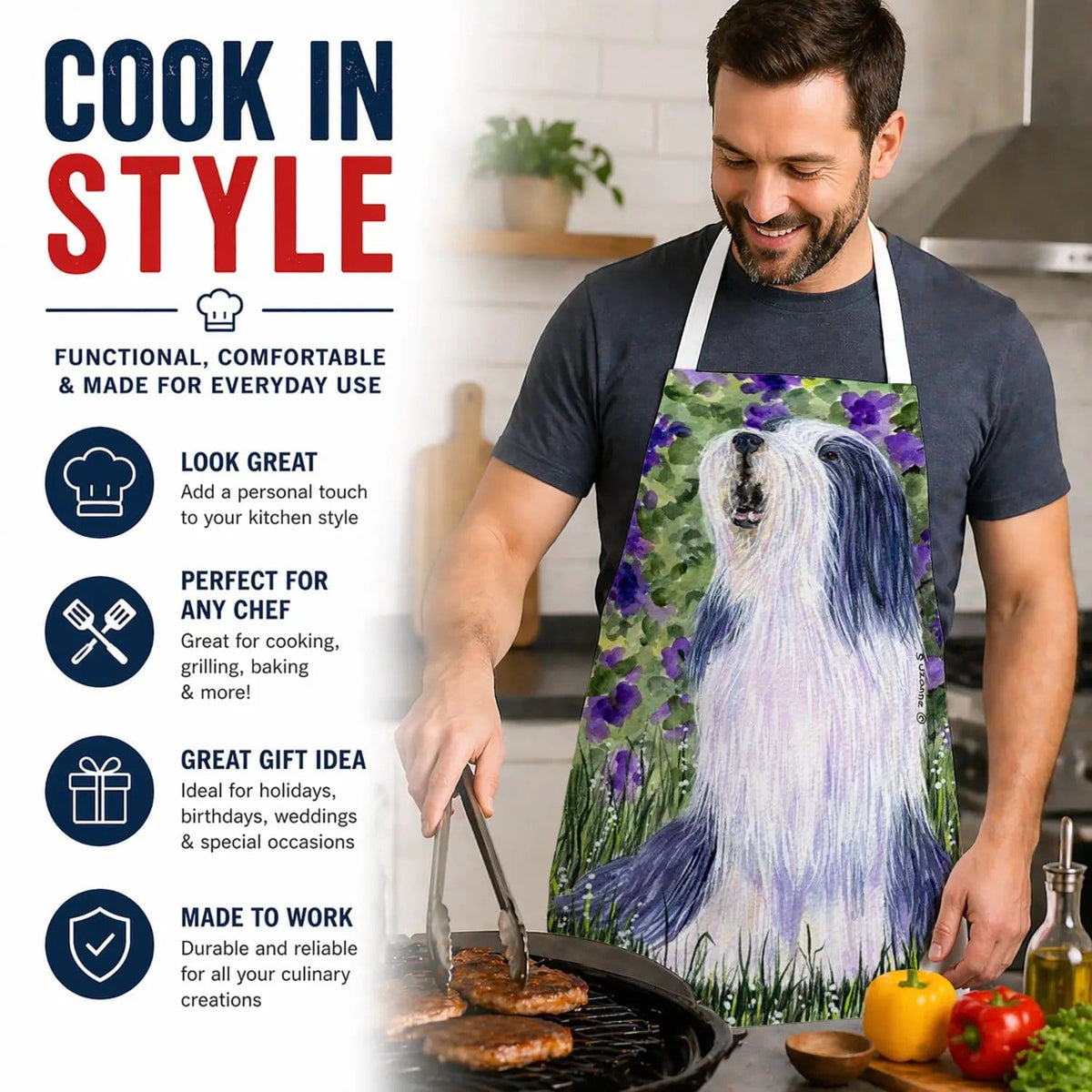 Kitchen Apron | Bib Style Unisex | 27"W x 30"H | Bearded Collie (Style 4)