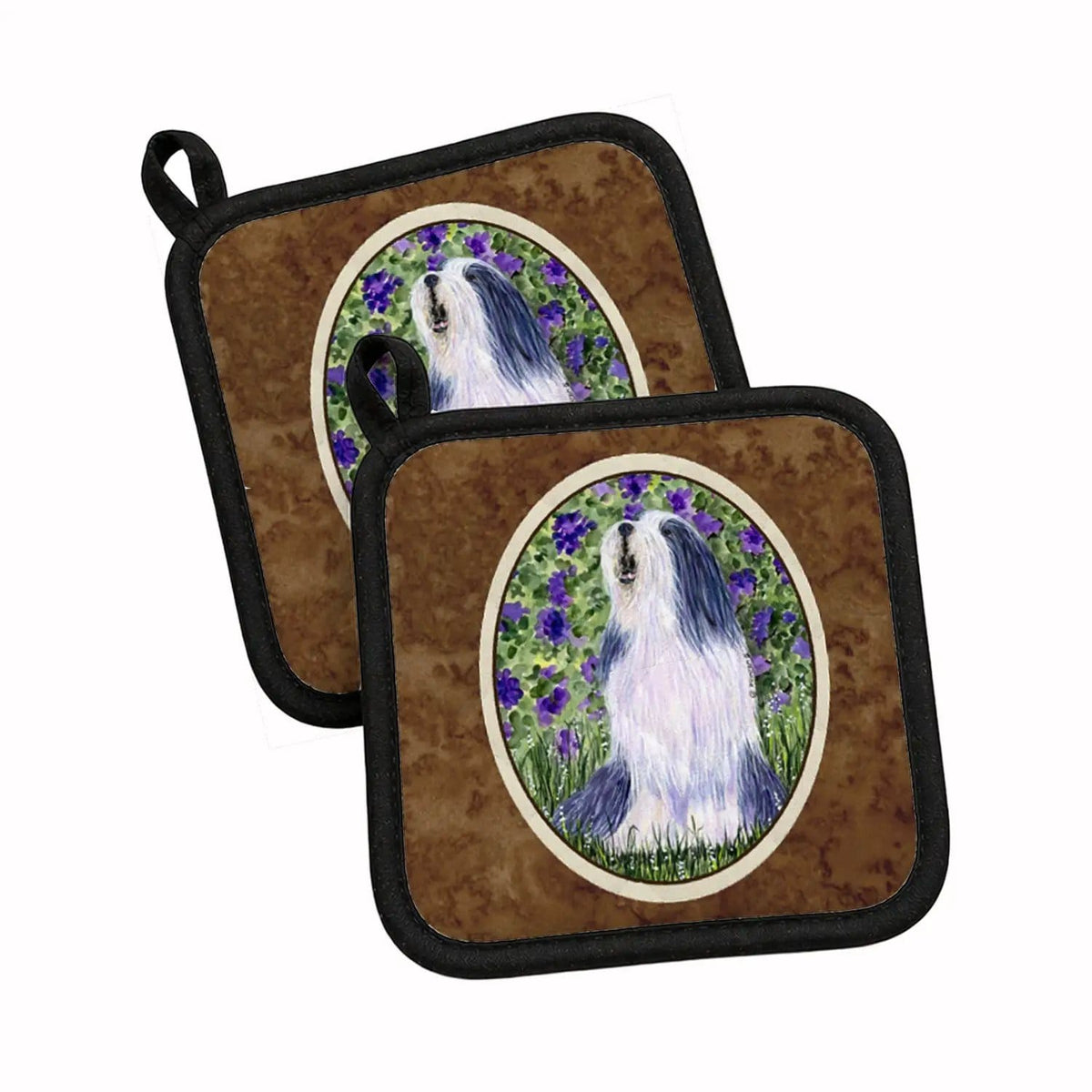 Pot Holder Set of 2 | Heat Resistant Quilted Hot Pads | 7.5 x 7.5 Inch | Bearded Collie