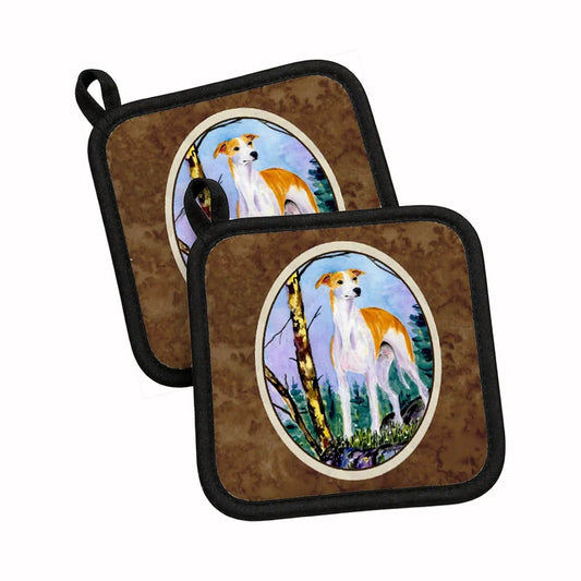 Pot Holder Set of 2 | Heat Resistant Quilted Hot Pads | 7.5 x 7.5 Inch | Whippet