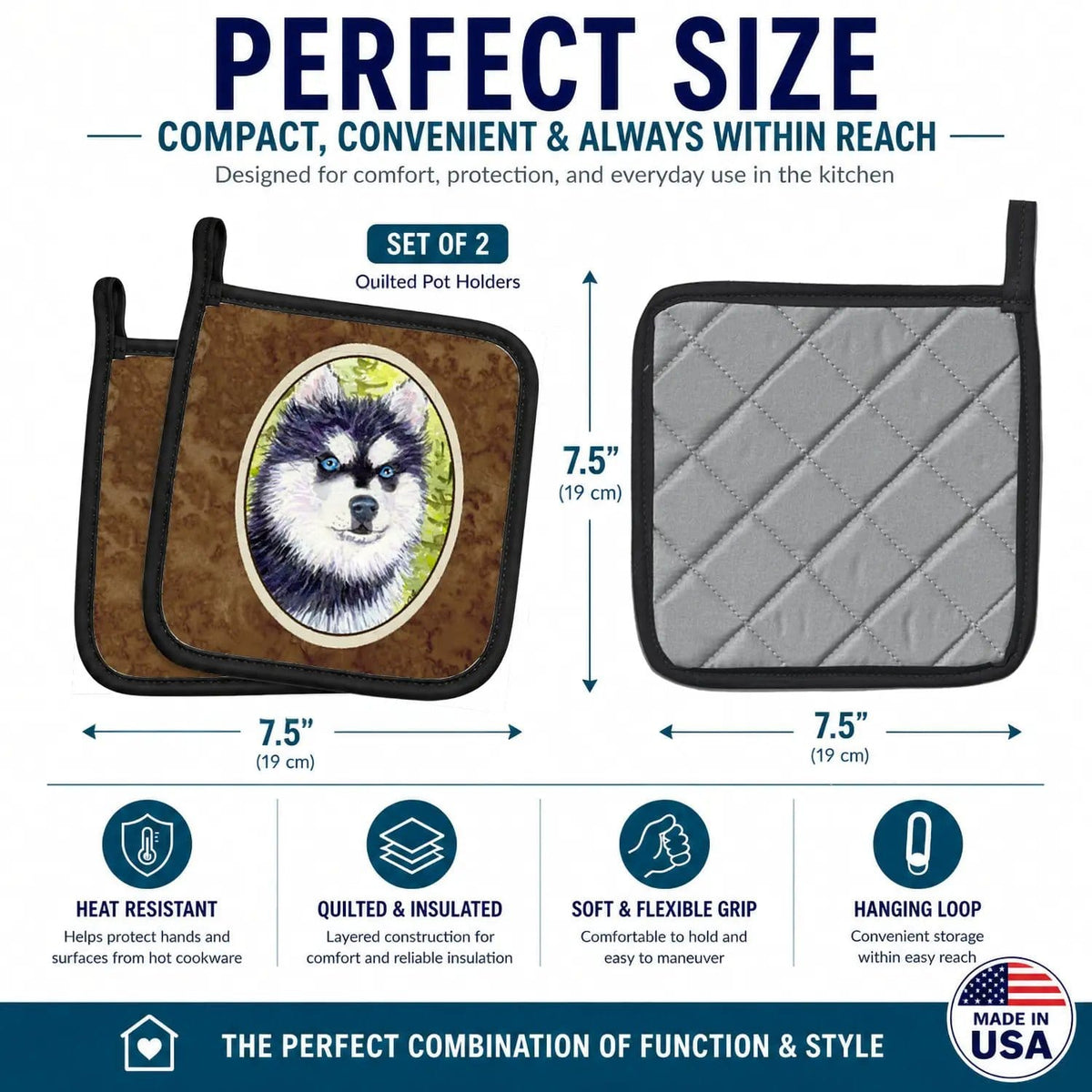 Pot Holder Set of 2 | Heat Resistant Quilted Hot Pads | 7.5 x 7.5 Inch | Klee Kai