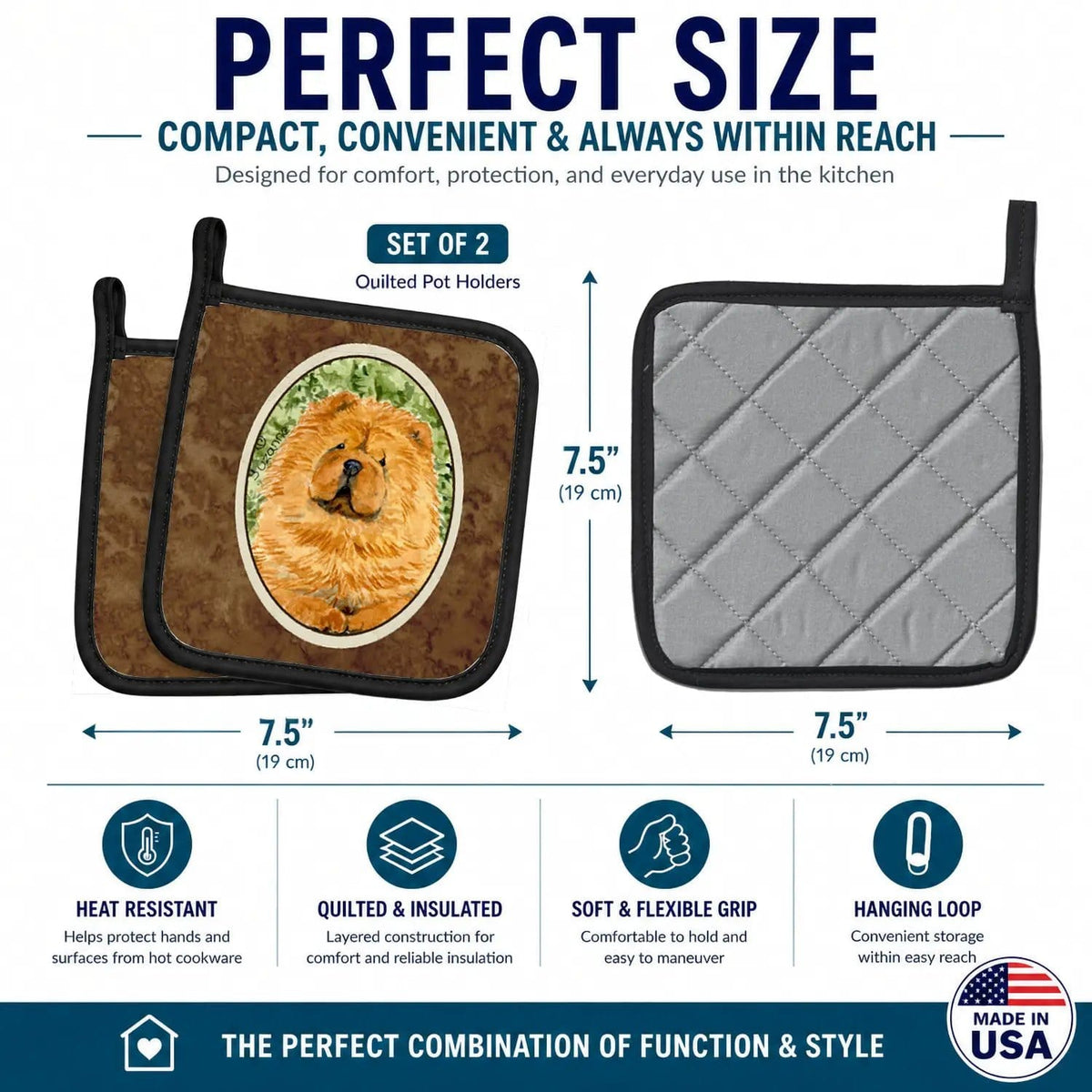 Pot Holder Set of 2 | Heat Resistant Quilted Hot Pads | 7.5 x 7.5 Inch | Chow Chow