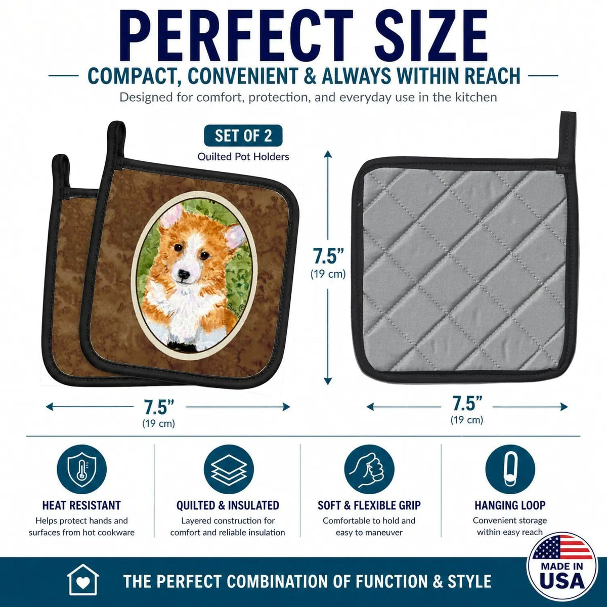 Pot Holder Set of 2 | Heat Resistant Quilted Hot Pads | 7.5 x 7.5 Inch | Corgi (Style 3)