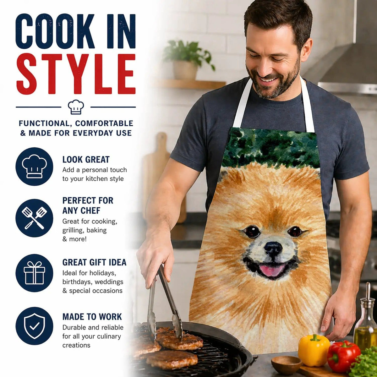 Kitchen Apron | Bib Style Unisex | 27"W x 30"H | Pomeranian (Style 6)