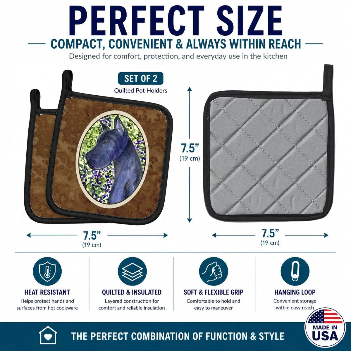 Pot Holder Set of 2 | Heat Resistant Quilted Hot Pads | 7.5 x 7.5 Inch | Great Dane (Style 2)
