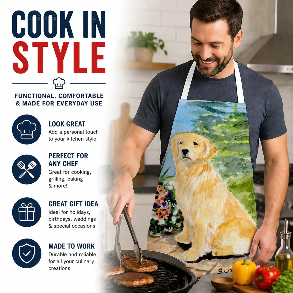 Kitchen Apron | Bib Style Unisex | 27"W x 30"H | Golden Retriever (Style 6)