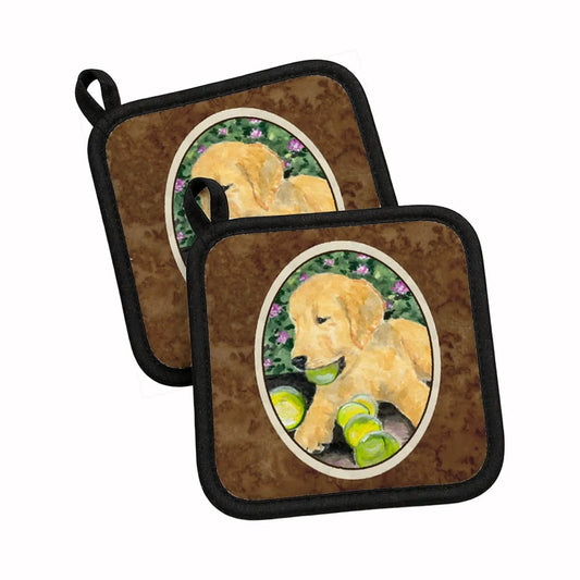 Pot Holder Set of 2 | Heat Resistant Quilted Hot Pads | 7.5 x 7.5 Inch | Golden Retriever (Style 10)