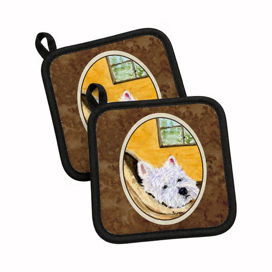 Pot Holder Set of 2 | Heat Resistant Quilted Hot Pads | 7.5 x 7.5 Inch | Westie (Style 2)