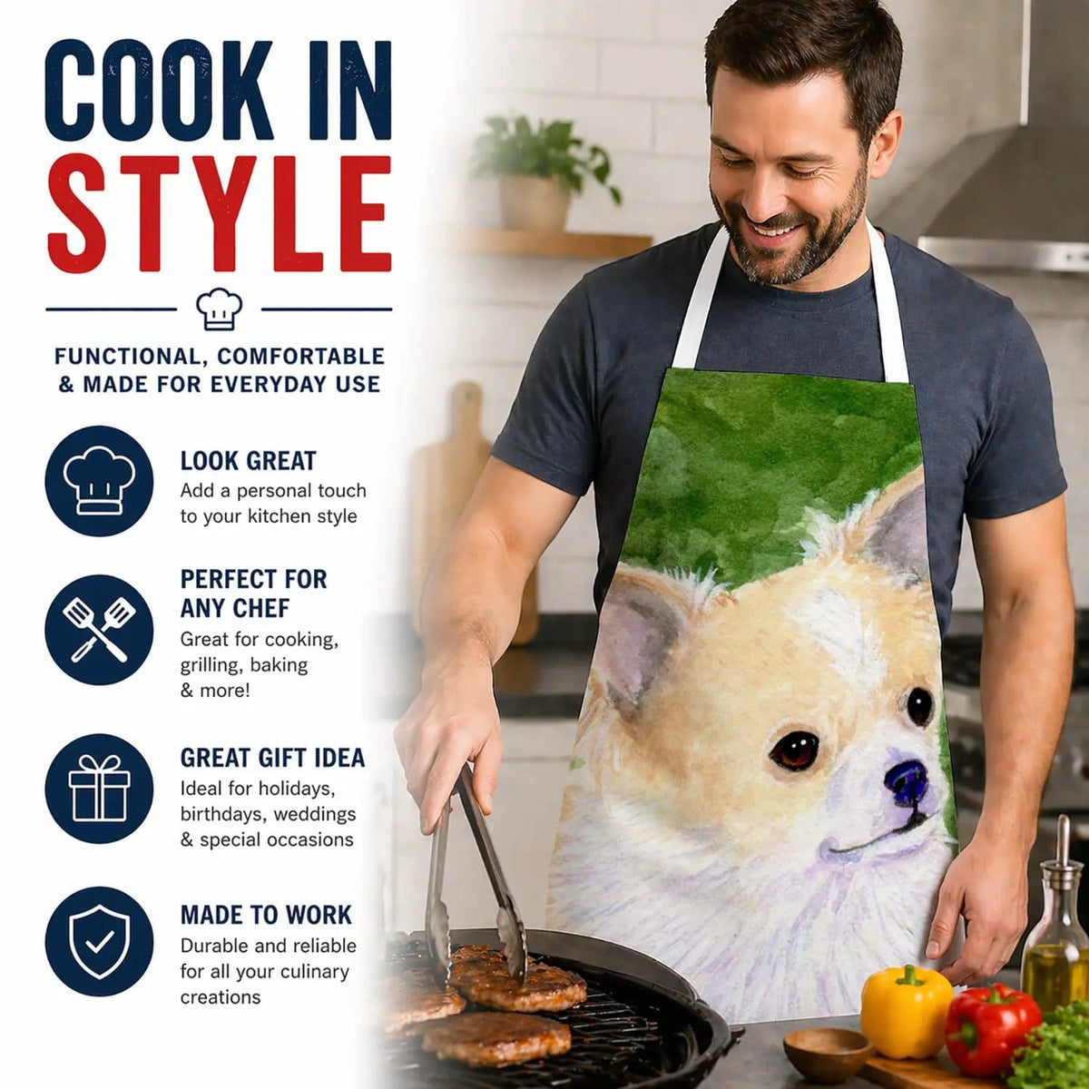 Kitchen Apron | Bib Style Unisex | 27"W x 30"H | Chihuahua (Style 5)