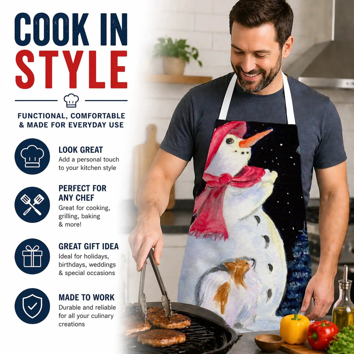 Kitchen Apron | Bib Style Unisex | 27"W x 30"H | Snowman with Papillon