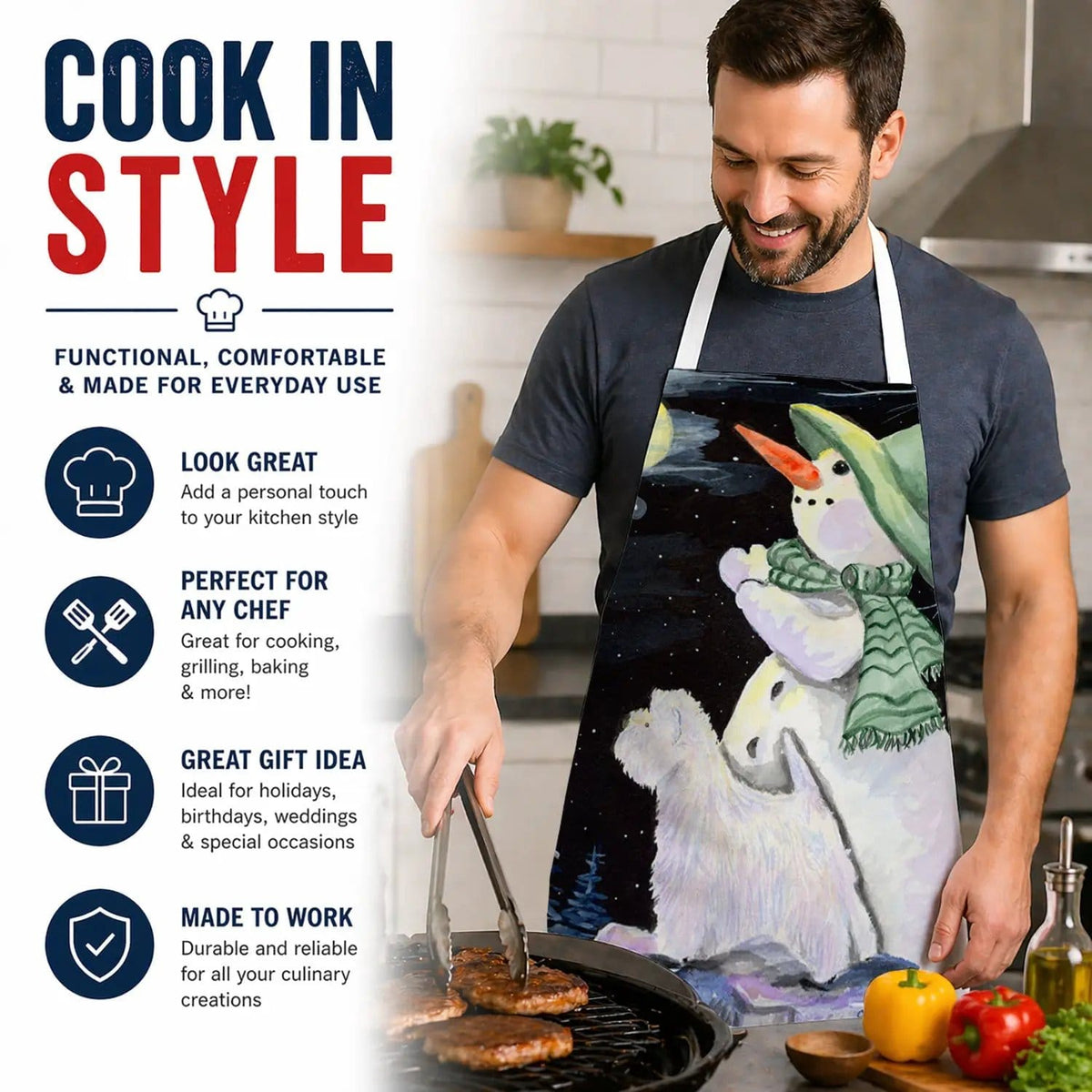 Kitchen Apron | Bib Style Unisex | 27"W x 30"H | Snowman with Westie