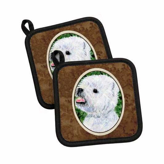 Pot Holder Set of 2 | Heat Resistant Quilted Hot Pads | 7.5 x 7.5 Inch | Westie (Style 4)