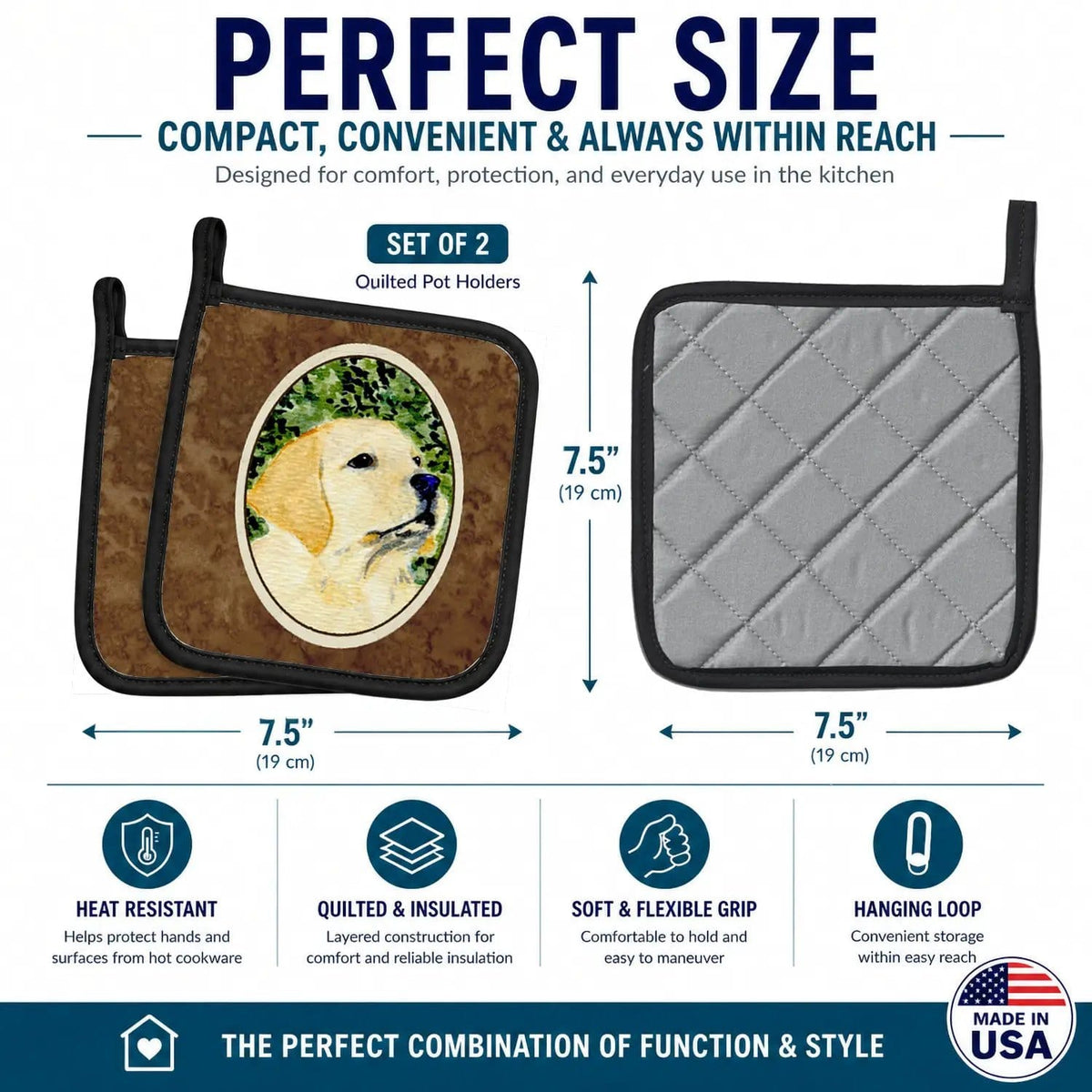 Pot Holder Set of 2 | Heat Resistant Quilted Hot Pads | 7.5 x 7.5 Inch | Labrador