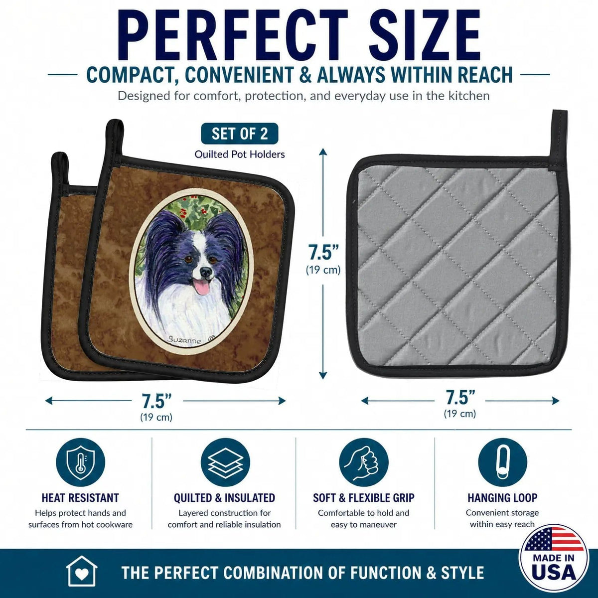 Pot Holder Set of 2 | Heat Resistant Quilted Hot Pads | 7.5 x 7.5 Inch | Papillon (Style 2)