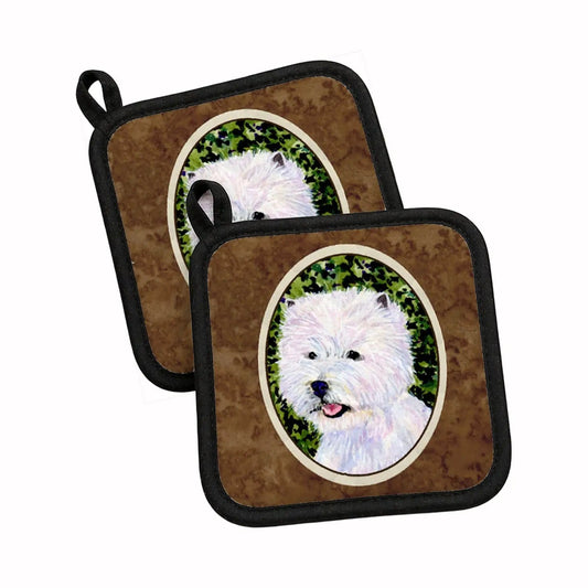 Pot Holder Set of 2 | Heat Resistant Quilted Hot Pads | 7.5 x 7.5 Inch | Westie (Style 3)