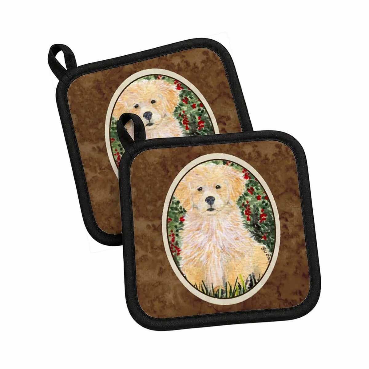 Pot Holder Set of 2 | Heat Resistant Quilted Hot Pads | 7.5 x 7.5 Inch | Golden Retriever (Style 13)