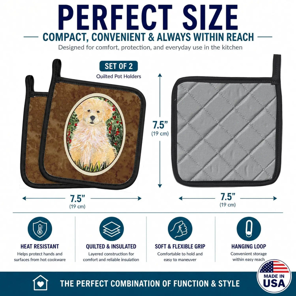 Pot Holder Set of 2 | Heat Resistant Quilted Hot Pads | 7.5 x 7.5 Inch | Golden Retriever (Style 13)