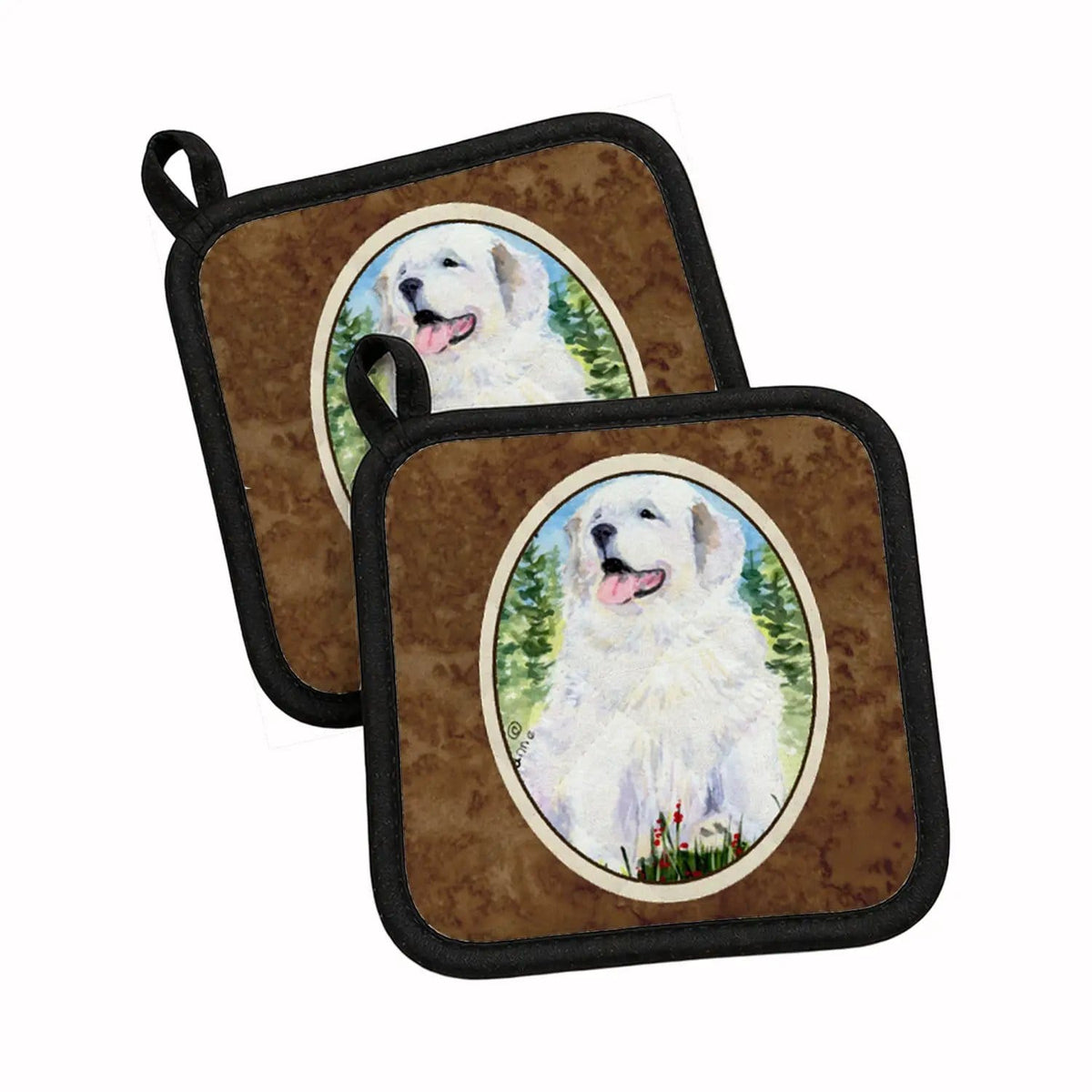 Pot Holder Set of 2 | Heat Resistant Quilted Hot Pads | 7.5 x 7.5 Inch | Great Pyrenees (Style 5)