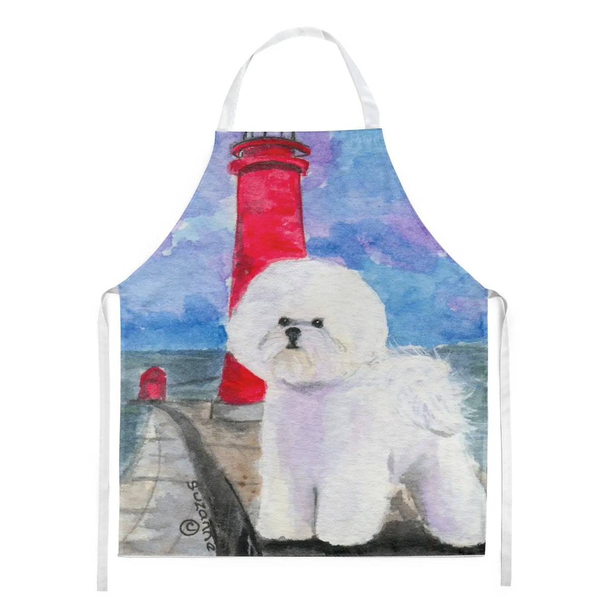 Kitchen Apron | Bib Style Unisex | 27"W x 30"H | Lighthouse with Bichon Frise