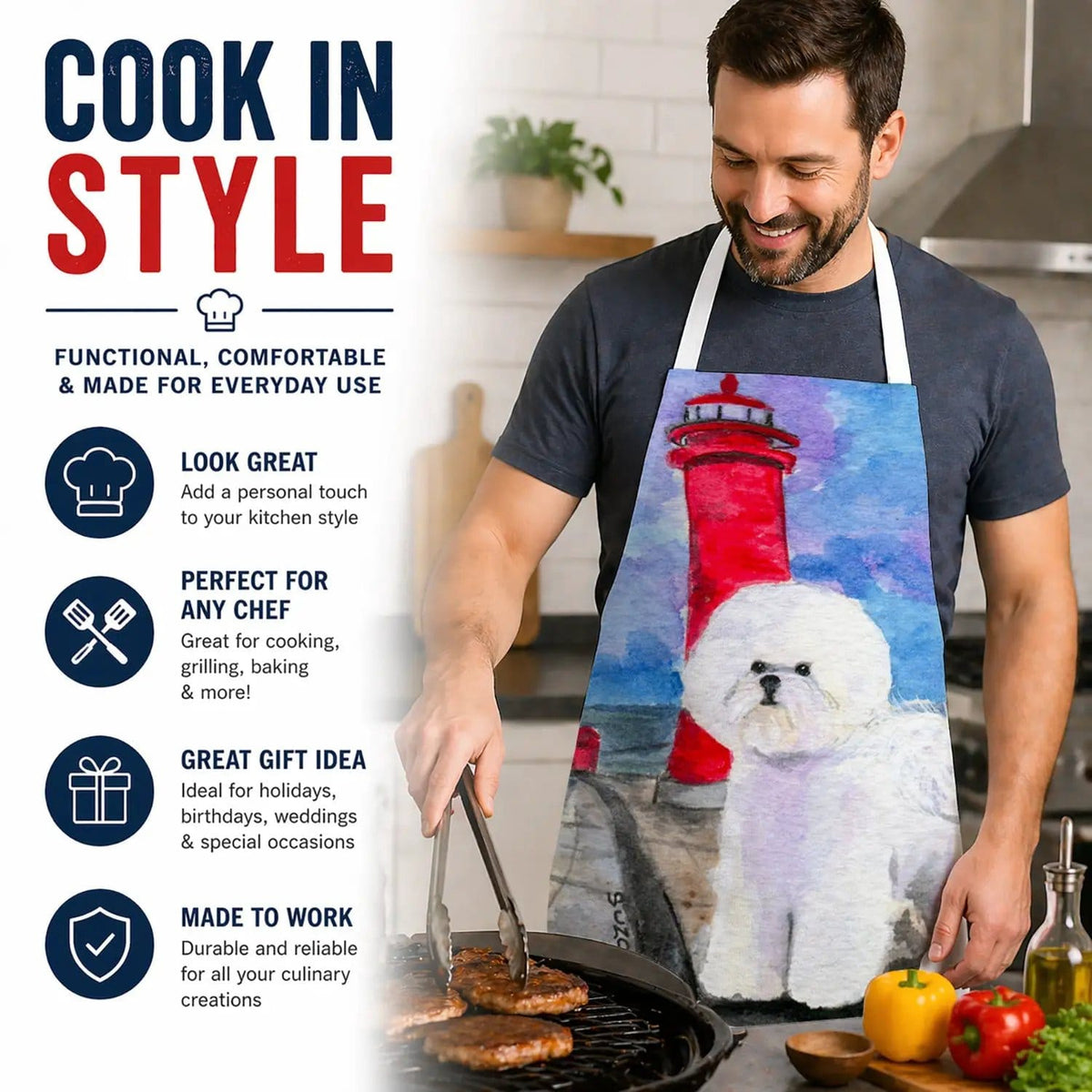 Kitchen Apron | Bib Style Unisex | 27"W x 30"H | Lighthouse with Bichon Frise