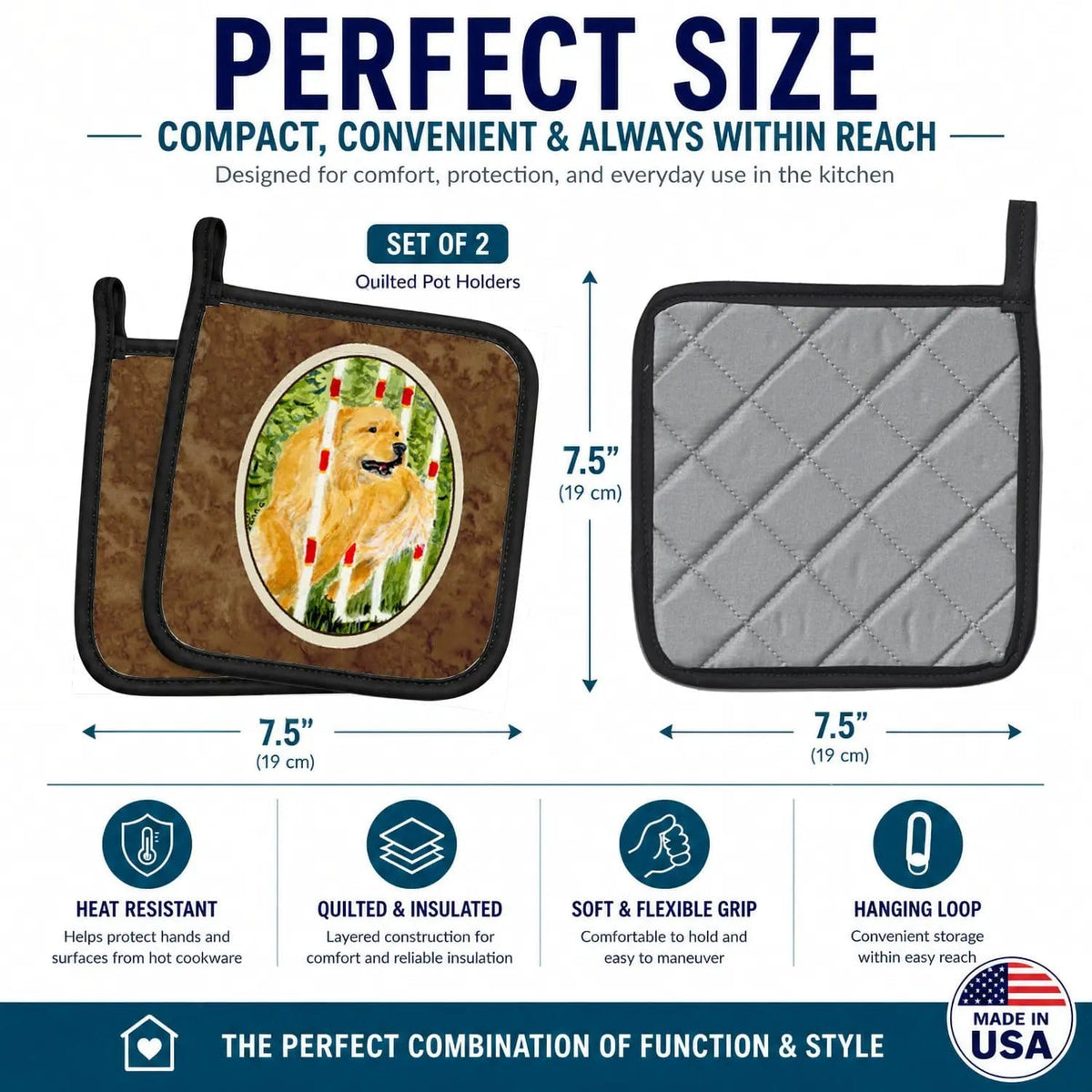 Pot Holder Set of 2 | Heat Resistant Quilted Hot Pads | 7.5 x 7.5 Inch | Golden Retriever (Style 18)
