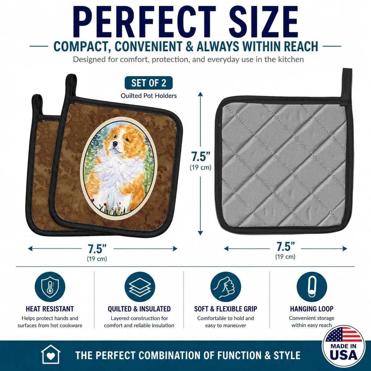 Pot Holder Set of 2 | Heat Resistant Quilted Hot Pads | 7.5 x 7.5 Inch | Sheltie
