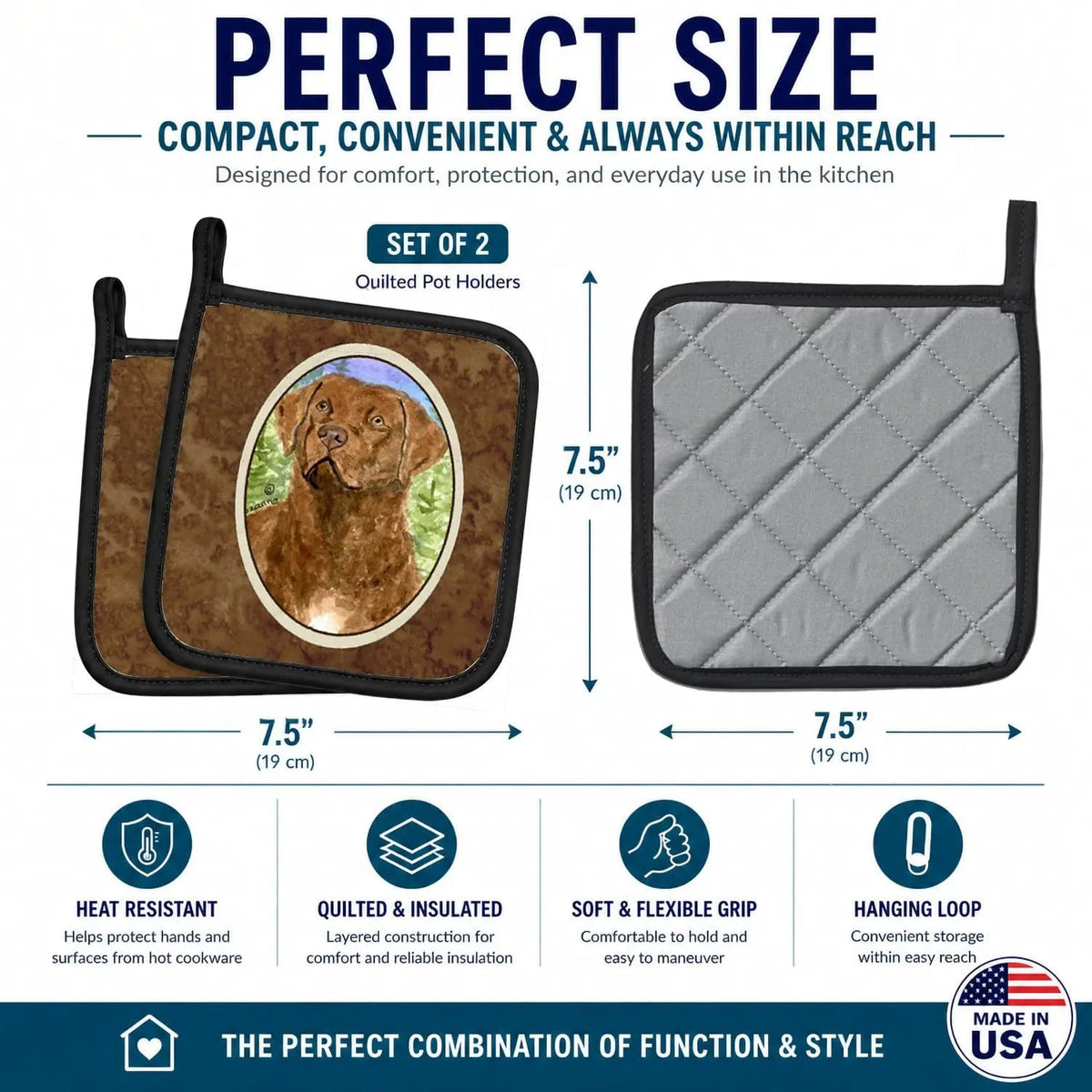 Pot Holder Set of 2 | Heat Resistant Quilted Hot Pads | 7.5 x 7.5 Inch | Chesapeake Bay Retriever (Style 2)