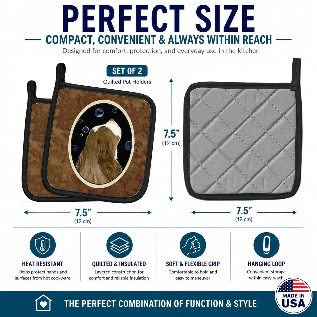 Pot Holder Set of 2 | Heat Resistant Quilted Hot Pads | 7.5 x 7.5 Inch | Springer Spaniel