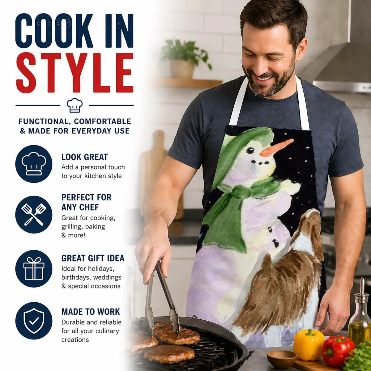 Kitchen Apron | Bib Style Unisex | 27"W x 30"H | Snowman with English Springer Spaniel