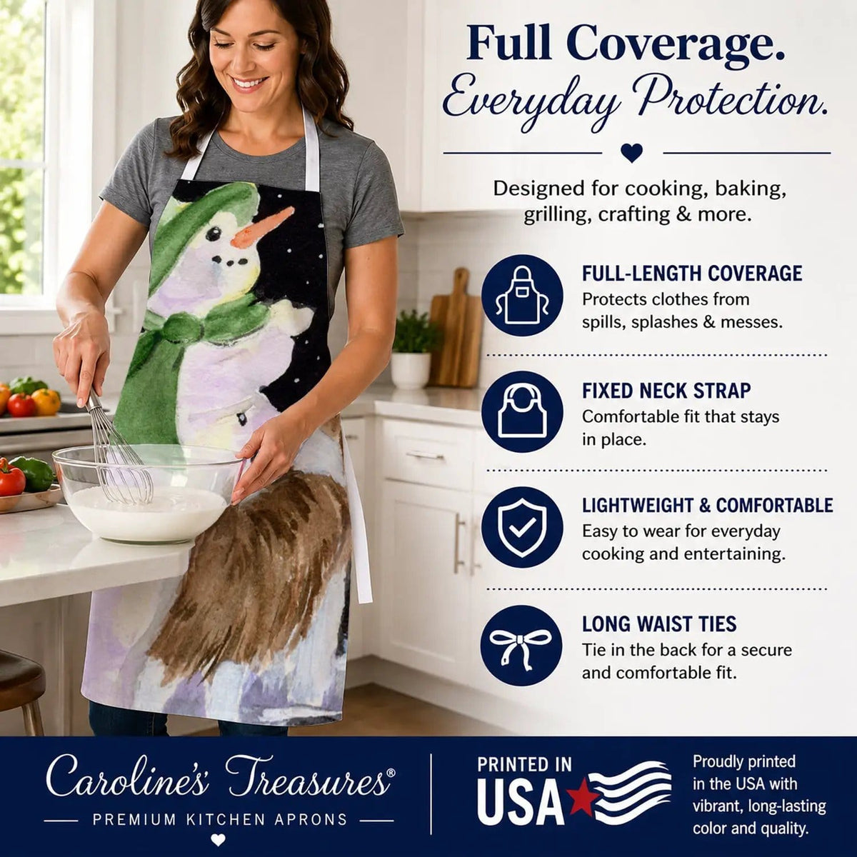 Kitchen Apron | Bib Style Unisex | 27"W x 30"H | Snowman with English Springer Spaniel