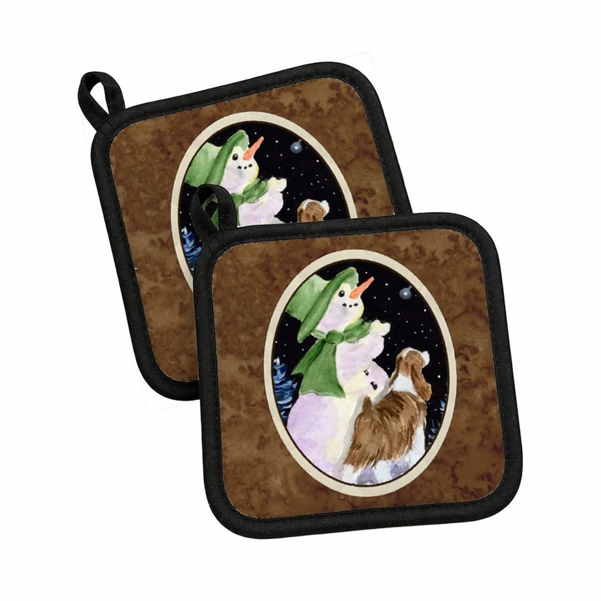 Pot Holder Set of 2 | Heat Resistant Quilted Hot Pads | 7.5 x 7.5 Inch | Snowman with English Springer Spaniel