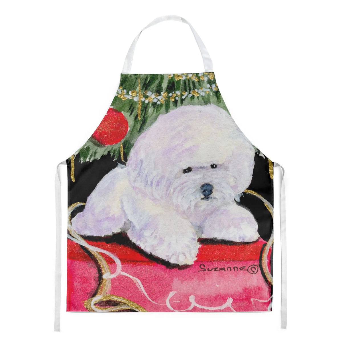 Kitchen Apron | Bib Style Unisex | 27"W x 30"H | Christmas Tree with Bichon Frise