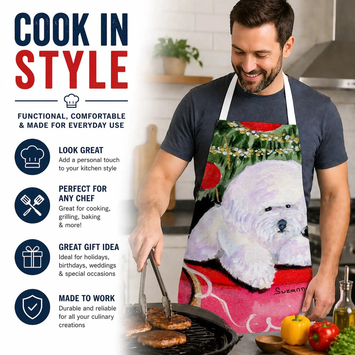 Kitchen Apron | Bib Style Unisex | 27"W x 30"H | Christmas Tree with Bichon Frise