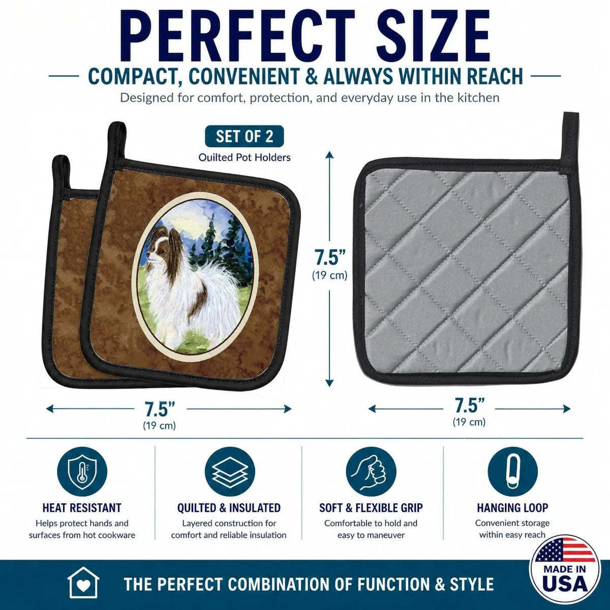 Pot Holder Set of 2 | Heat Resistant Quilted Hot Pads | 7.5 x 7.5 Inch | Papillon (Style 4)