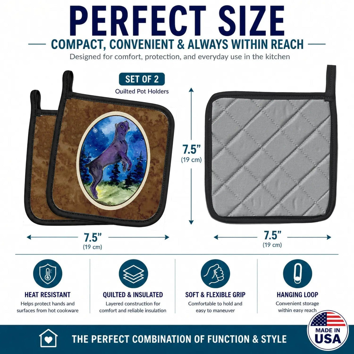 Pot Holder Set of 2 | Heat Resistant Quilted Hot Pads | 7.5 x 7.5 Inch | Cane Corso (Style 2)
