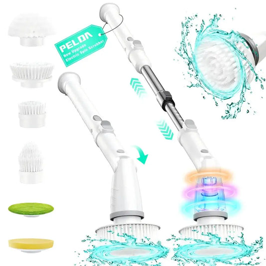 Electric Spin Scrubber | 6 Brush Heads | Long Reach Handle | 11-in-1 Surfaces