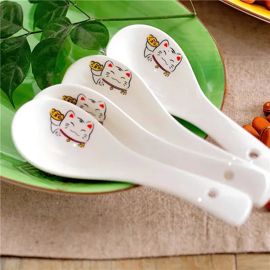 Ceramic Soup Spoon 14cm Japanese White Lucky Cat Bone China Dinnerware Restaurant Household Kitchen Supplies Tableware from PriceLows™