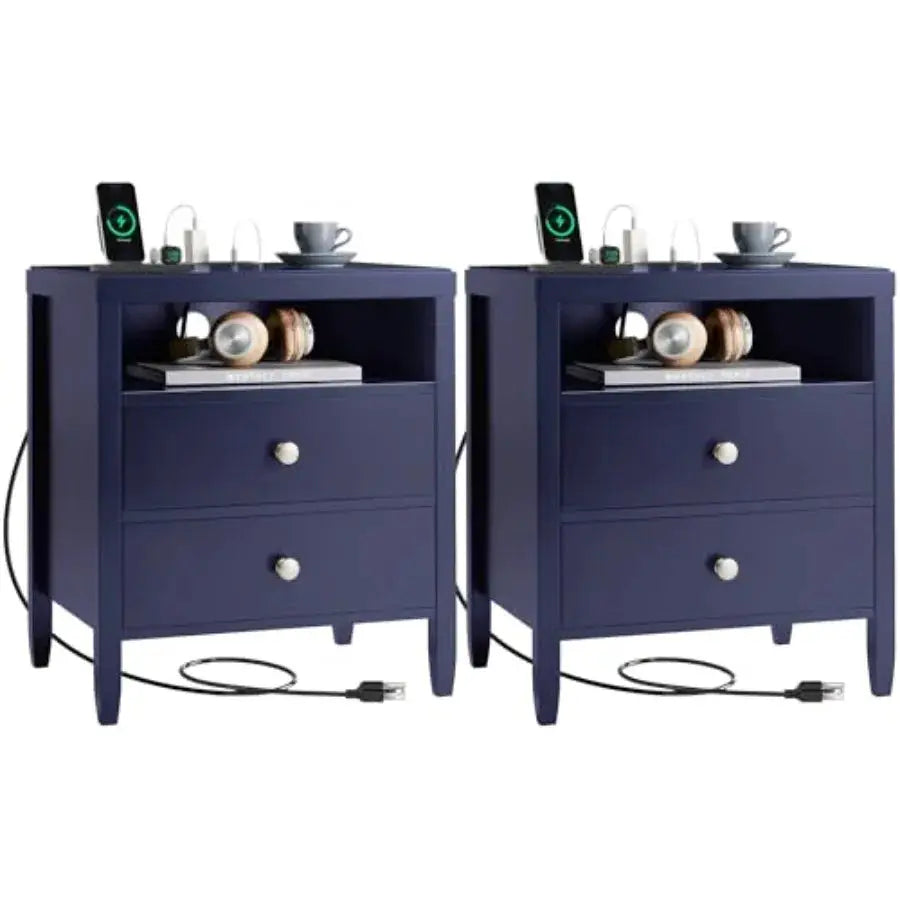 Nightstand Set of 2, Night Stand with Charger Station, Bedside Table with 2 Drawers, Bed Side Tables for Bedroom, Modern Nights from PriceLows™