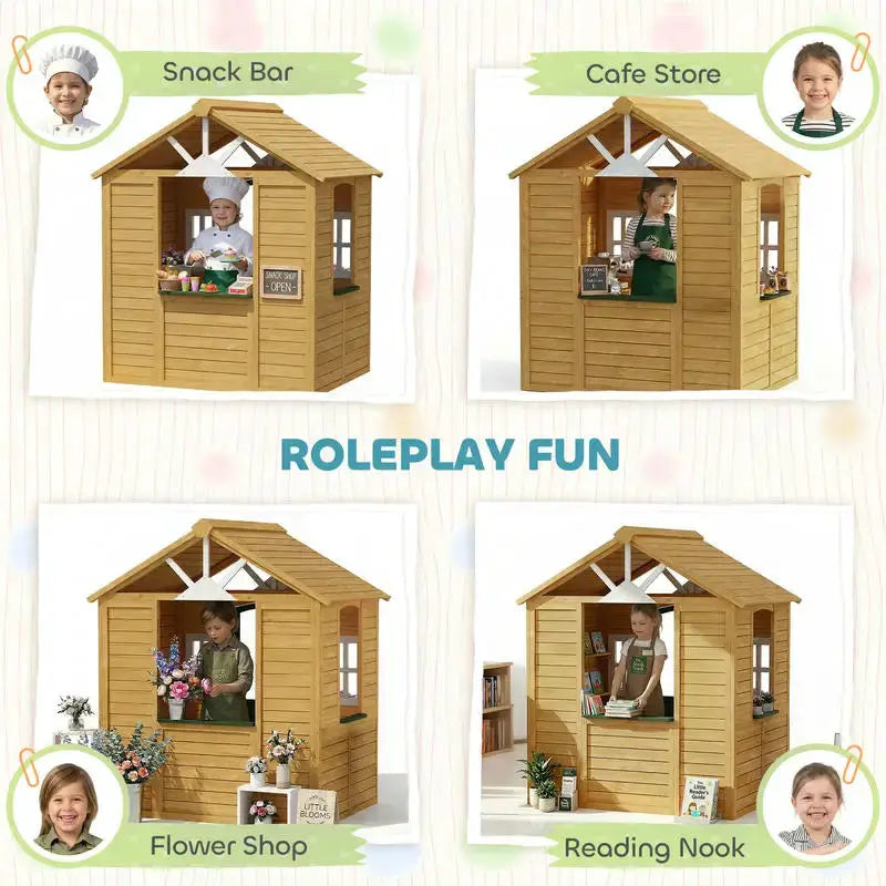 Qaba Outdoor Playhouse, Wooden Kids Playhouse with Door, 3 Windows, 2 Flower Boxes for Garden, Indoor Playroom, Ages 3–8 from PriceLows™