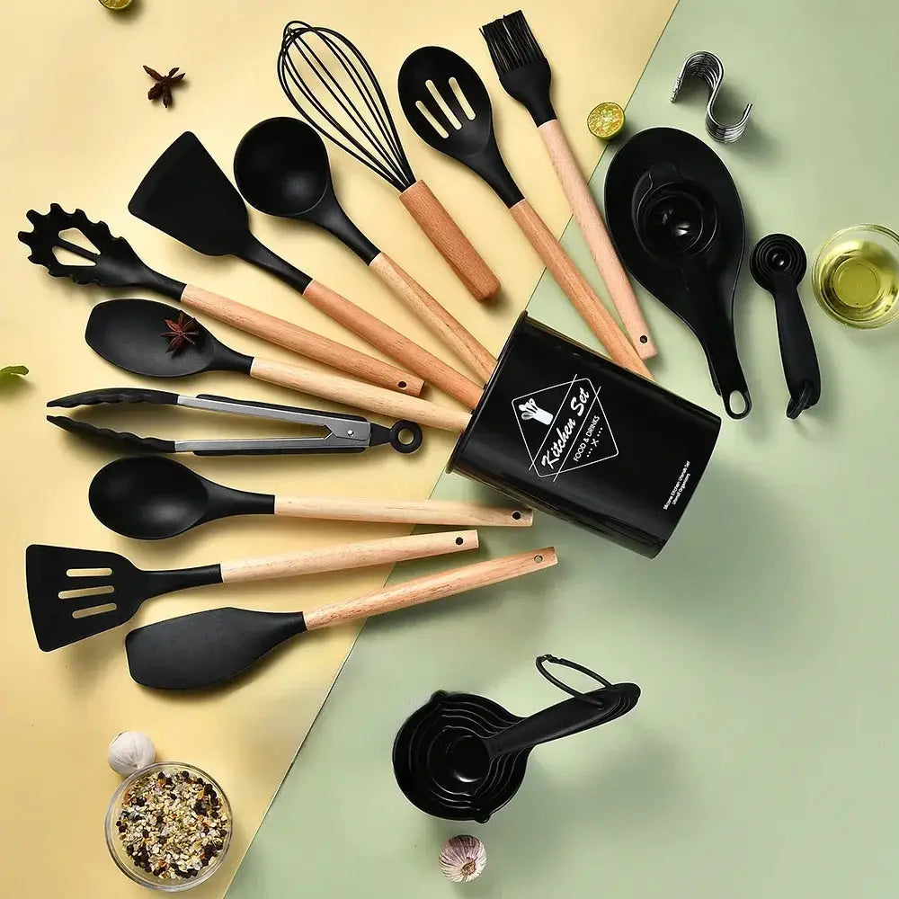 Silicone Kitchen Utensil Set | 34 Piece Collection | Wooden Handles | Black