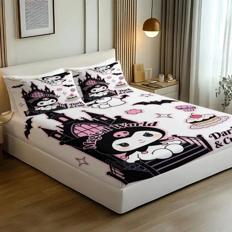 Sanrio Kuromi Magical Castle Fitted Sheet Set Cute Dark Anime Bed Sheet Pillowcases Girl Bedroom Soft Cartoon Mattress Protector from PriceLows™