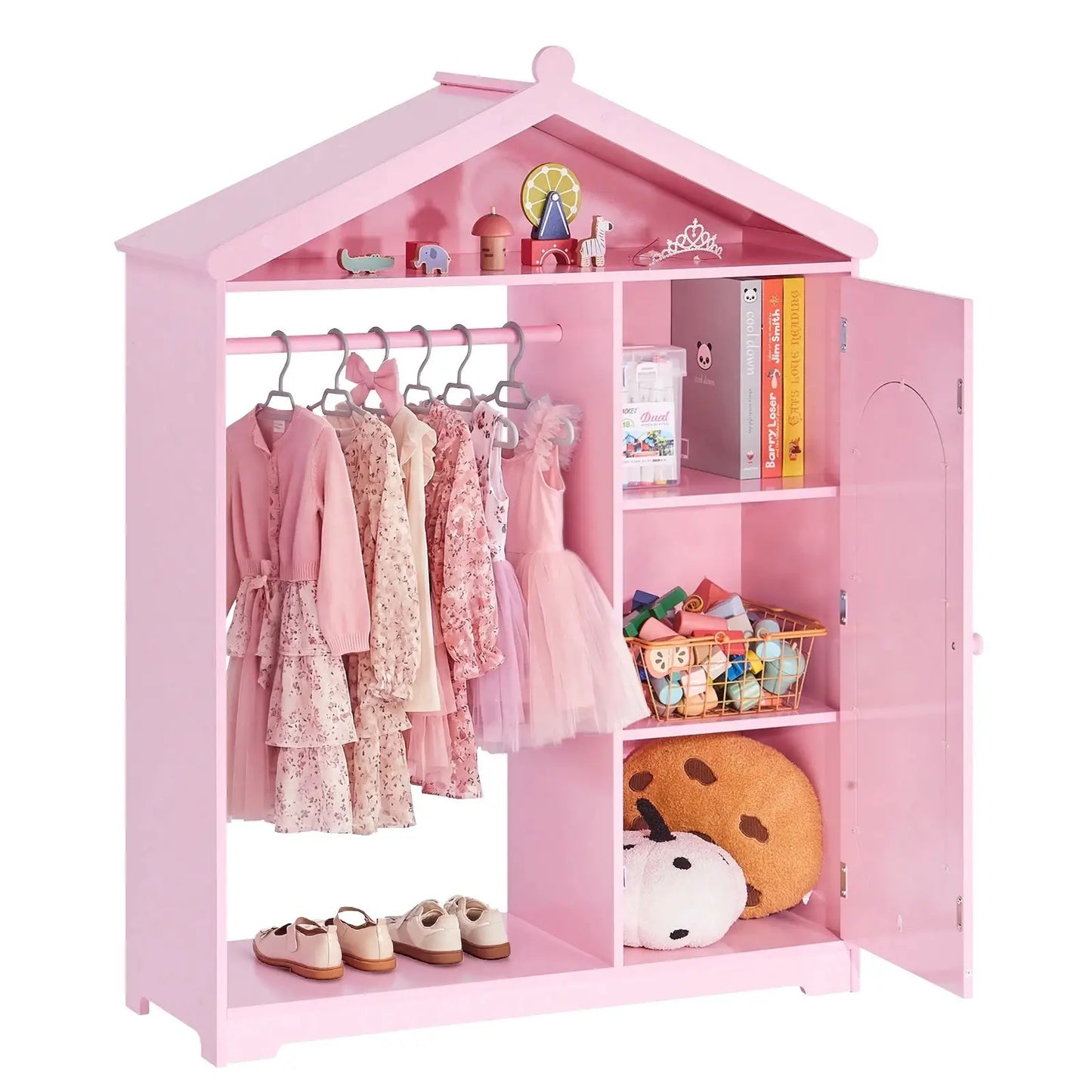 SucceBuy Kids Dress Up Storage with Mirror & Dress Up Closet Kids Armoire Wardrobe Costume Organizer for Girls Toddler Bedroom from PriceLows™