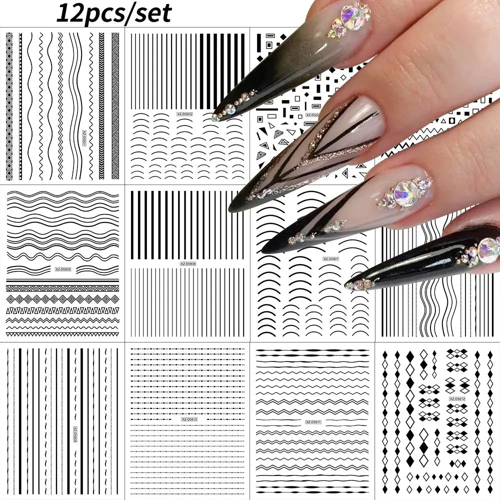 12Sheets Gold Metal Stripe Wave Nail Decals 3D Bronzing French Line/C Curve Stripe Nail Stickers 8*10cm Gold Line Nail Art Suppl from PriceLows™