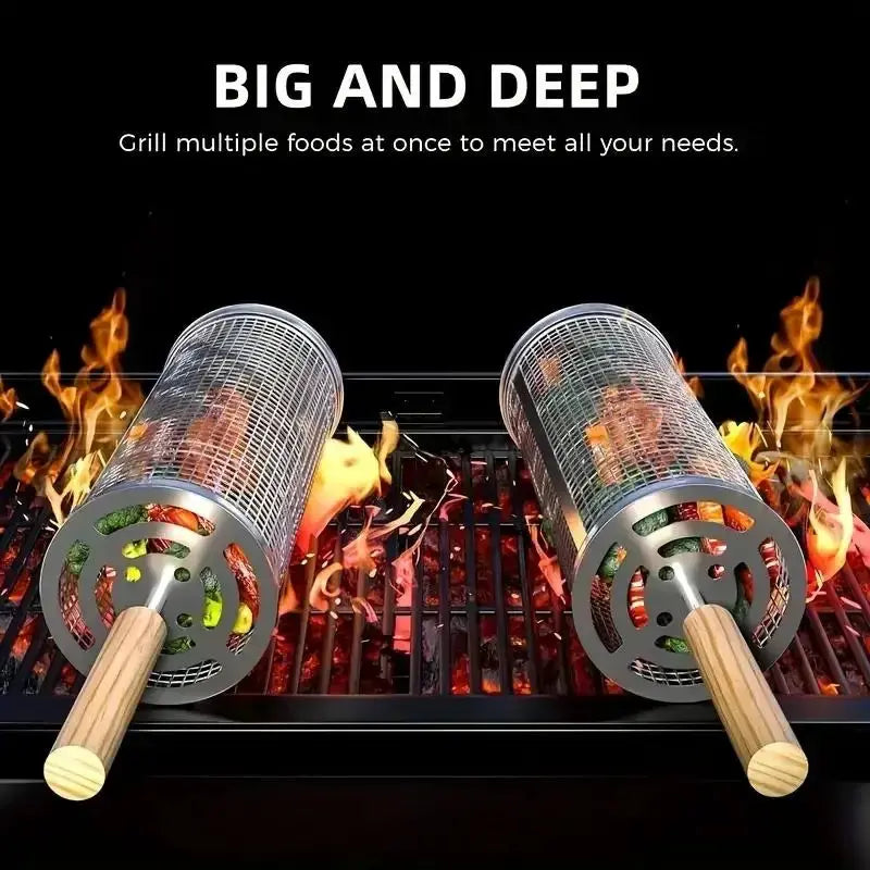 Barbecue Grill Basket | Stainless Steel | Round Wire Mesh Cylinder | 1 Pack
