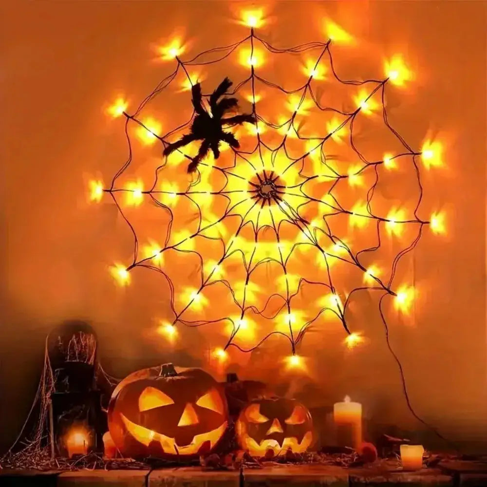 Halloween Spider Web LED String Lights with Plush Spider, USB Powered for Indoor Halloween Party, Haunted House, and Wall Decor from PriceLows™