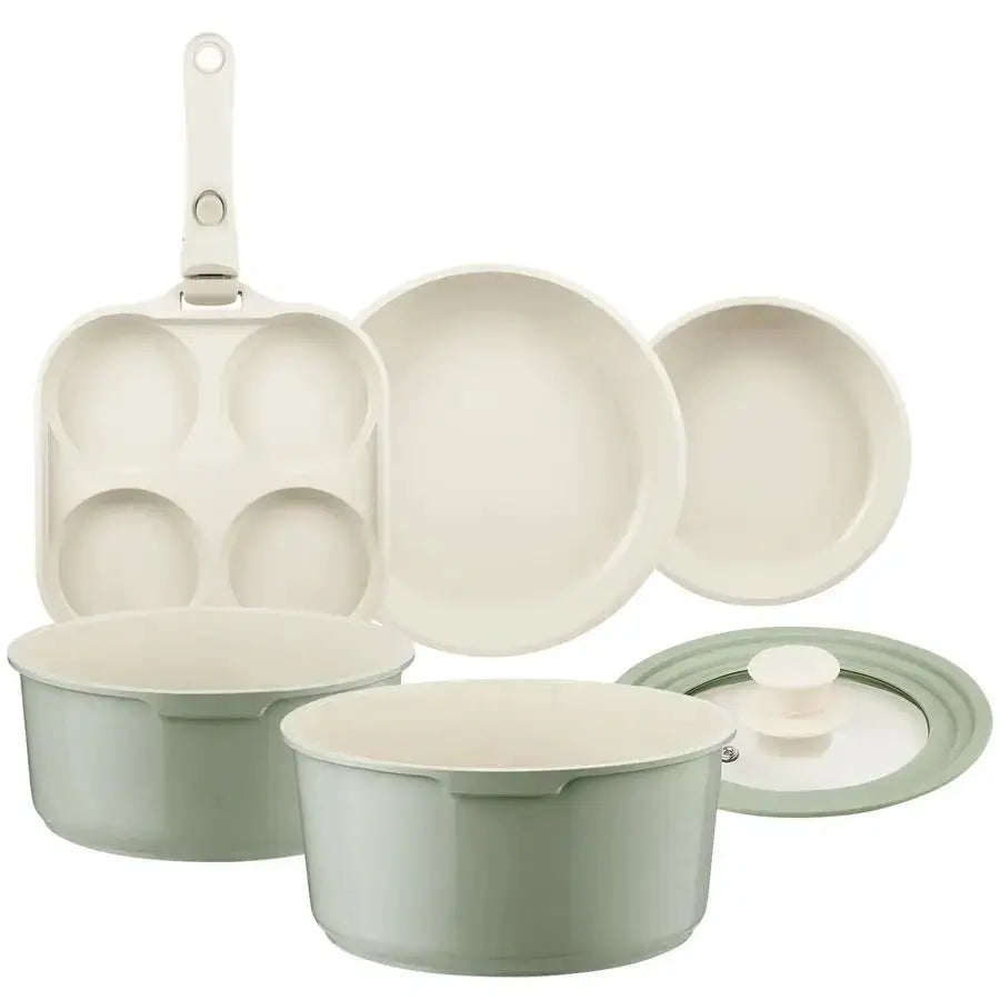 Pots and Pans Set Non Stick Green, 7 Pcs Nonstick Cookware Set with Detachable Handle RV Camping Induction Kitchen Cookware Set from PriceLows™