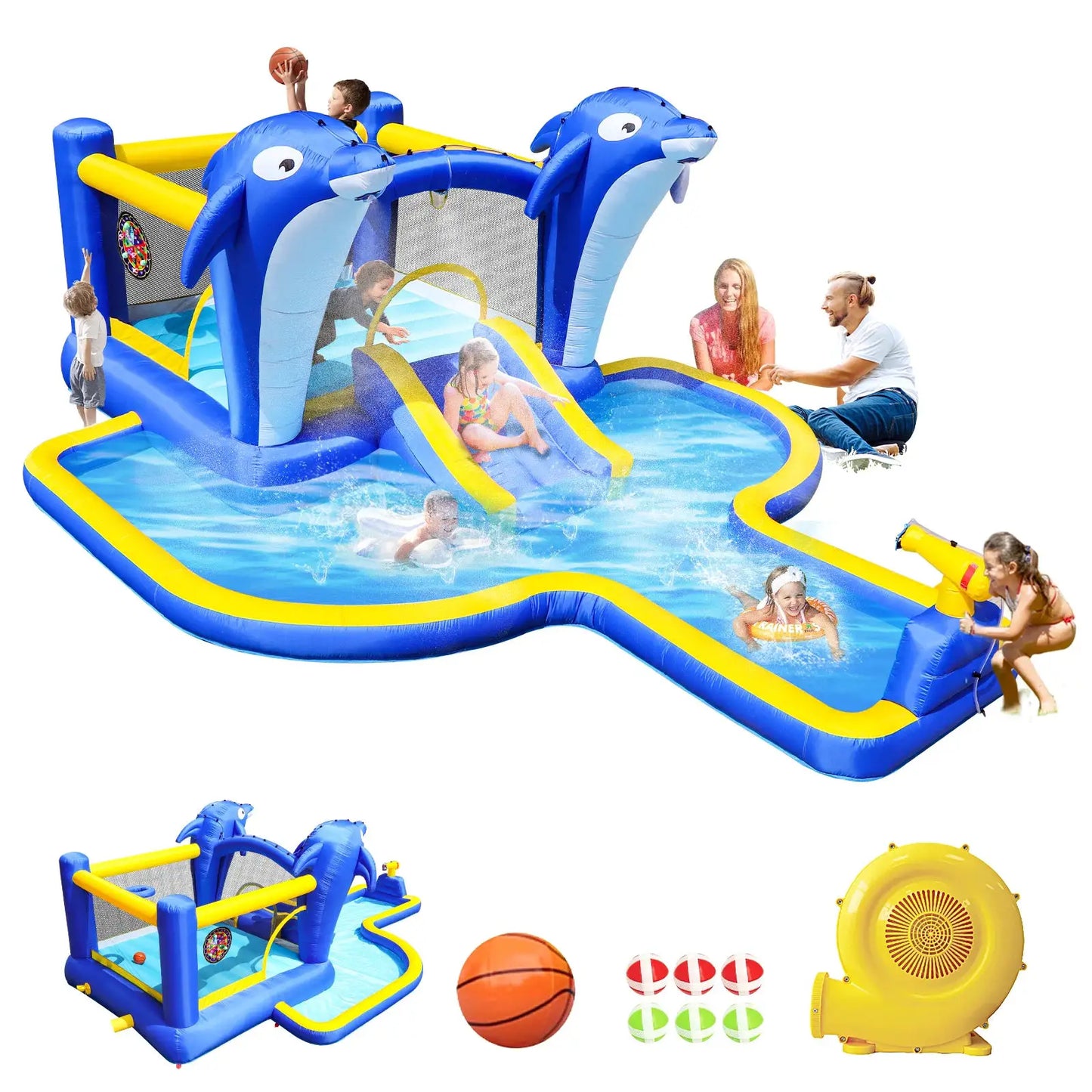 8 in1 Inflatable Slide Water Park Trampoline Bouncing House Outdoor Garden With Dolphin Sprinkler Target Games Water Gun Basketb from PriceLows™