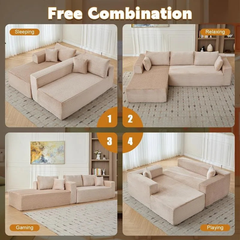 Sectional Sofa | L Shaped With Chaise | Beige Corduroy Fabric | Width Over 240cm
