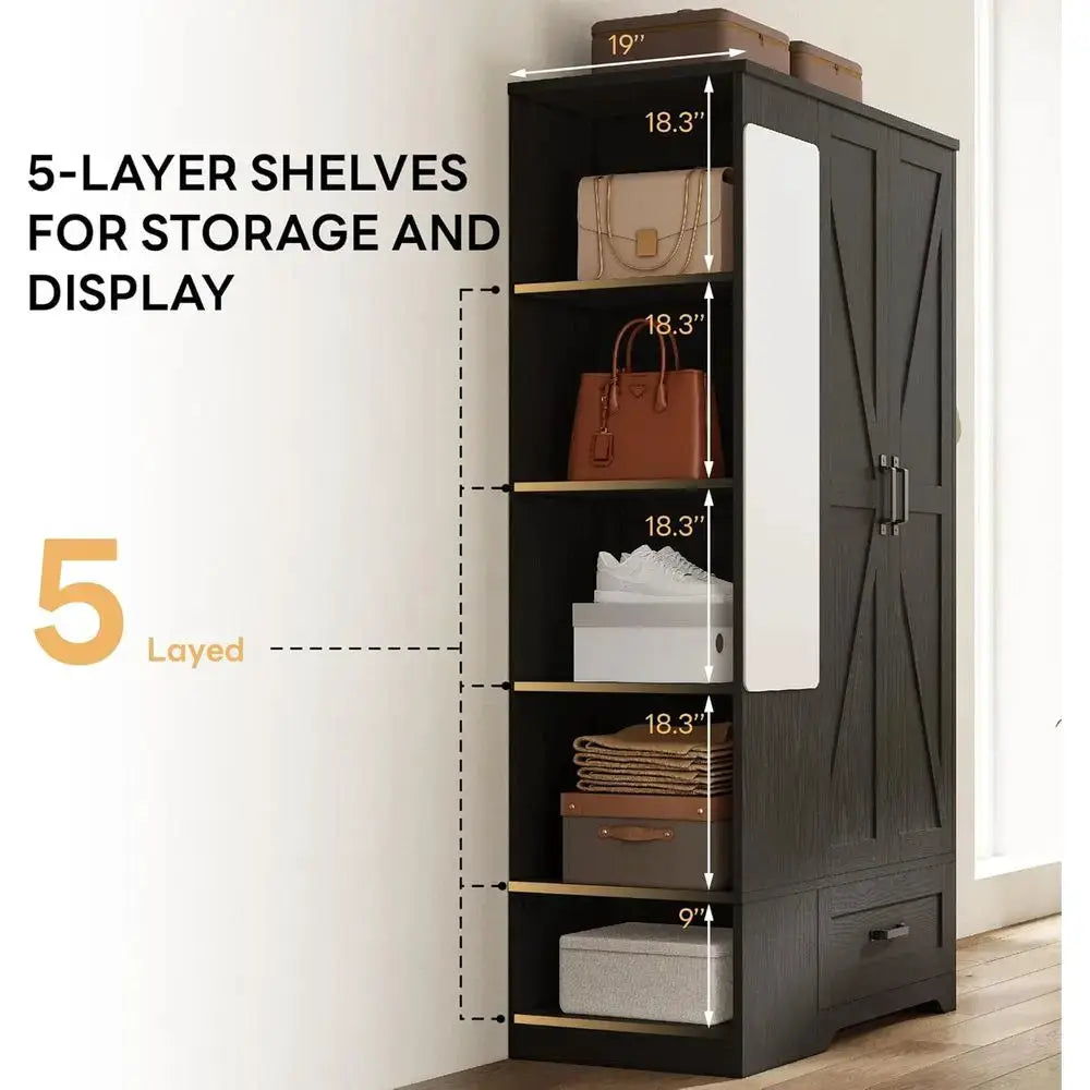 70 Large Wooden Wardrobe with Mirror, 2 Doors, Shelves & Hanging Rail for Bedroom Storage in Black from PriceLows™